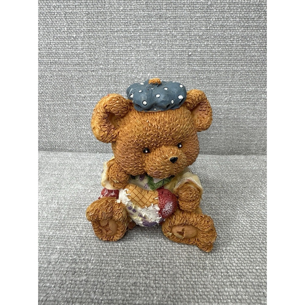 Vintage Patchwork Teddy Bear Figurine Blue Hat Quilt Outfit